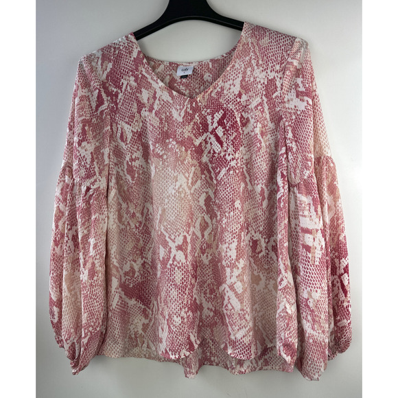 Cabi Bethany Snake Print Blouse Pink White Long Blouson Sleeve 5708 Women Large - Picture 2 of 11